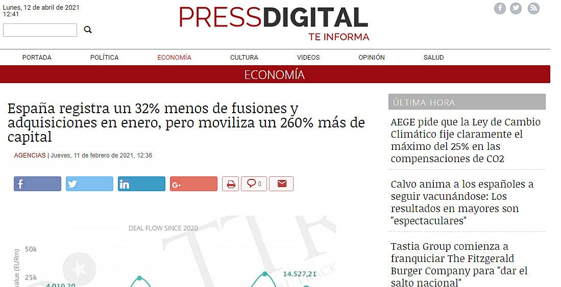 Espaa registra un 32% menos de fusiones y adquisiciones en enero, pero moviliza un 260% ms de capital